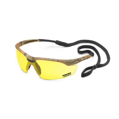 Camo frame, flexible temple, amber, anti-fog lens, Conqueror safety glasses