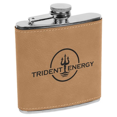 Stainless Steel Flask with Light Brown Faux Leather, Engraved, 6 oz