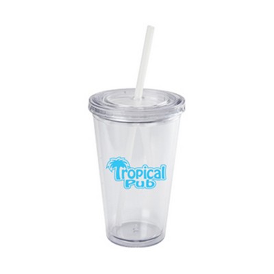 16 Oz. Plastic Double Wall Cup w/Straw