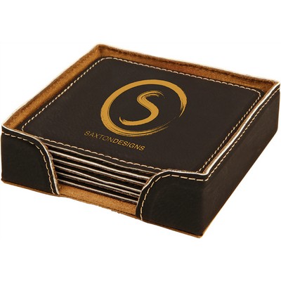 4" Square Black-Gold 6-Coaster Set with Holder, Laserable Leatherette