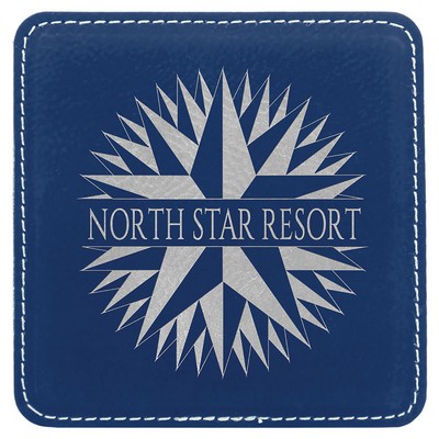 4" x 4" Square Laserable Coaster, Blue-Silver Leatherette