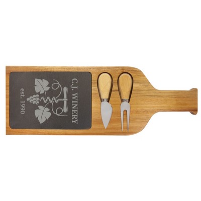 Slate/Acacia Wood Serving Board with Fork and Spreader, 17-1/2"x6"