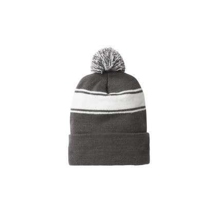 Classic Knit Stripe Beanie w/Pom, Dk Grey/White