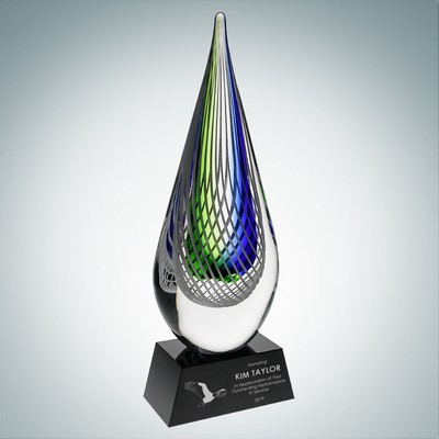 Art Glass Ocean Green Narrow Teardrop Achievement Award w/ Black Base