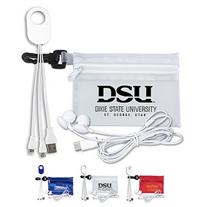 "Cambell" Mobile Tech Earbud and Charging Cables Kit In Translucent Carabiner Zipper Pouch