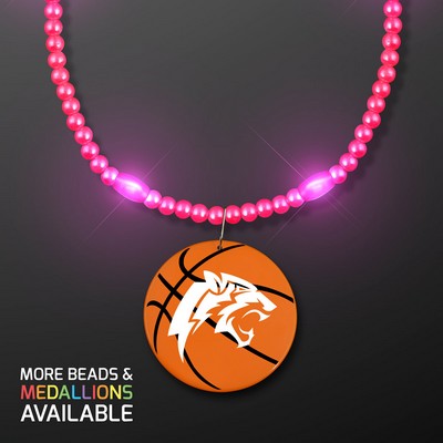 Pink LED Bead Necklace with Basketball Medallion - Domestic Imprint