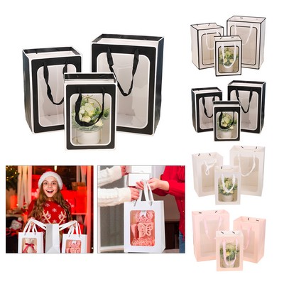 Creative Holiday Gift Bags with Transparent Window for Flowers and Toys, Thick Paper Carry Bags