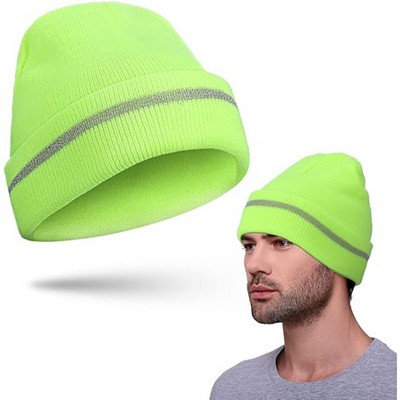 Hi Viz 100% Acrylic Reflective Stripe Knitted Cuffed Safety Beanie