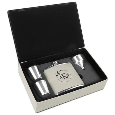 Stainless Steel White Leatherette Flask Gift Set