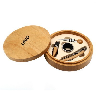 Bamboo Wooden Round Box Wine Opener Set