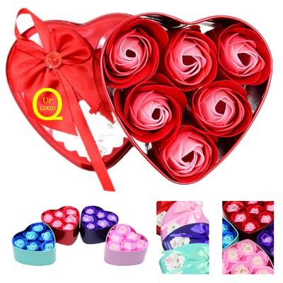 6Pcs Heart-Shaped Soap Flowers Tin Box