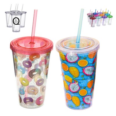 16 Oz Double Plastic Cup W/Straw