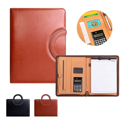 A4 Leather Full-color Printing Multifunctional Zipper Portable Handheld Folder with A Calculator