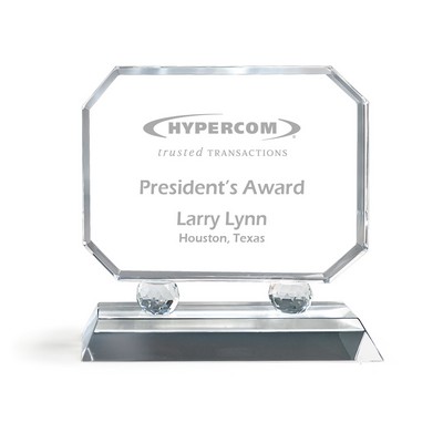 Horizontal Octagon Shaped Crystal Award on Faceted Prism Uprights on a Clear Base