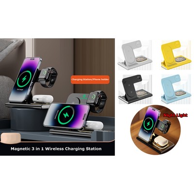 Magnetic 3 in 1 Wireless Charging Station Travel Charger For Multiple Devices W/Night Light